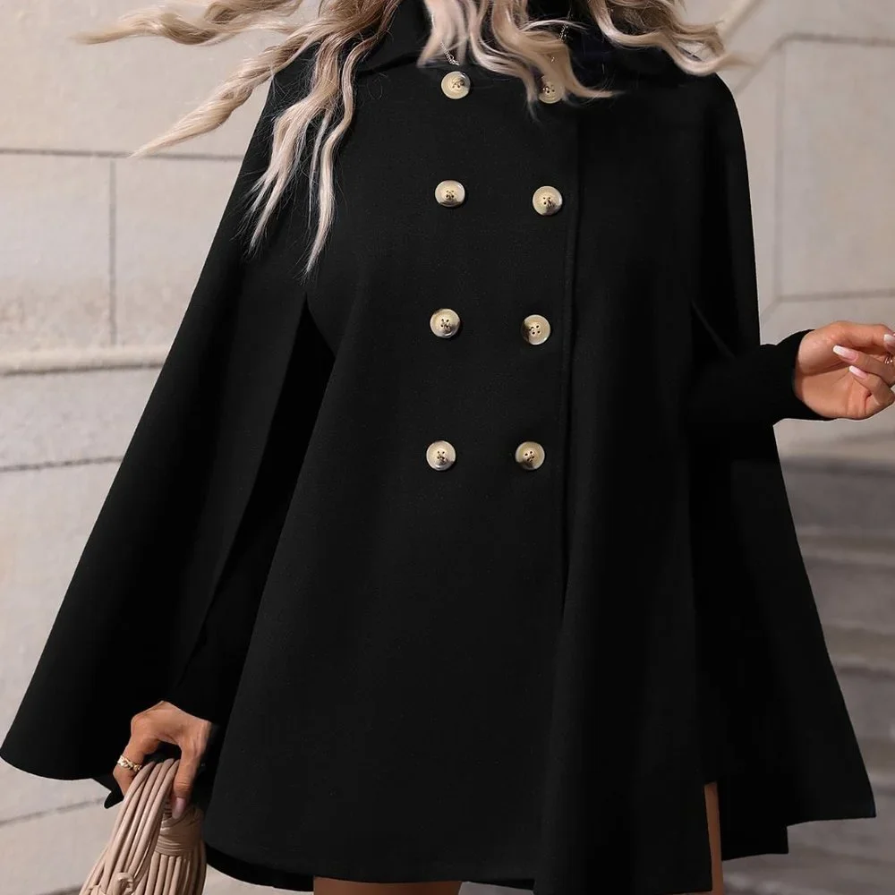 Black Preppy Womens Double Breasted Cloak Sleeve Cape Overcoat - Picture 4 of 7